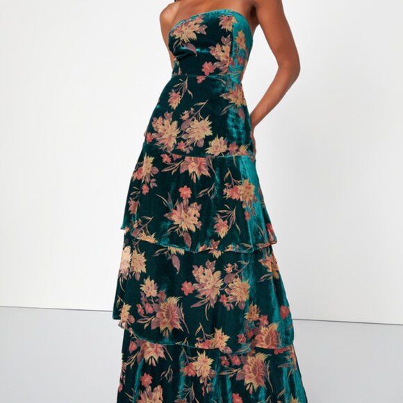 Lulus Real Allure Emerald Floral Burnout Velvet Strapless Maxi Dress Green - Picture 1 of 1